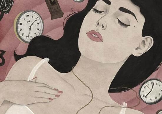 Schlafende Frau umgeben von Uhren