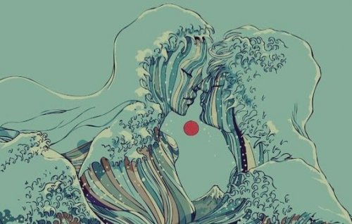 Wellen formen das Bild eines Paares
