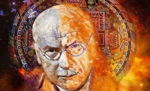 Carl Gustav Jung vor abstraktem Hintergrund