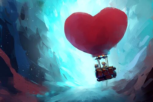 Zwei gezeichnete Menschen in einem Herzheißluftballon