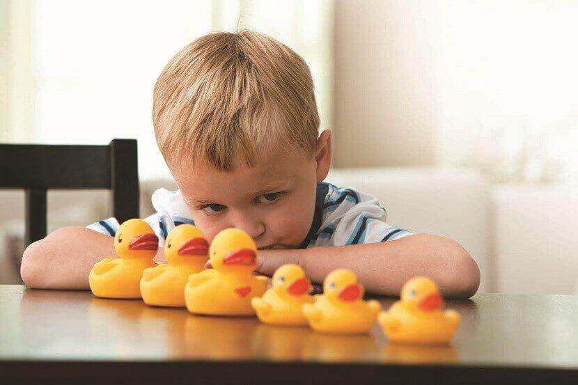 Junge schaut auf viele voreinander aufgestellte Enten