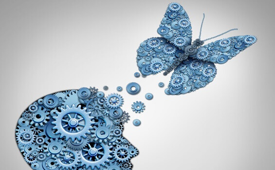 Kopf und Schmetterling aus Zahnrädern