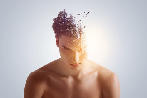 Mann, aus dem Vögel fliegen