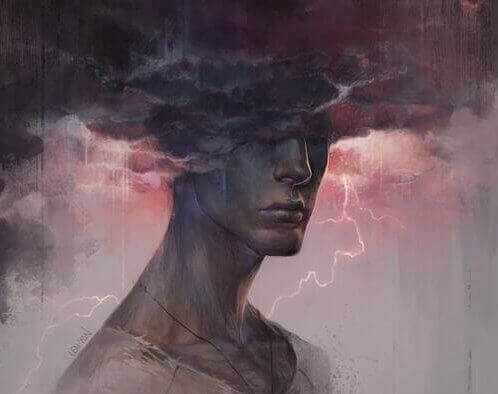 Mann mit Kopf in schwarzer Wolke