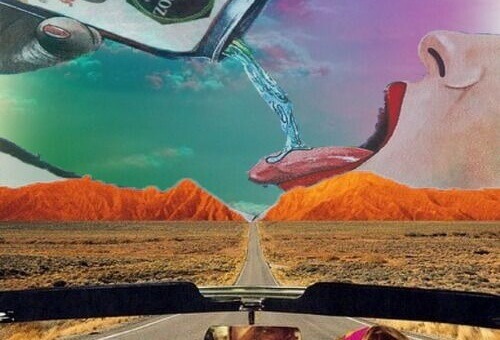 Straße, über der eine Frau gezeichnet ist, die viel trinkt