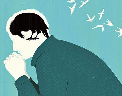 Gezeichneter Mann mit einem Raben im Kopf