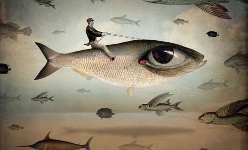 Mann reitet auf einem Fisch