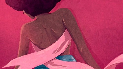 Frau mit rosa Schleife