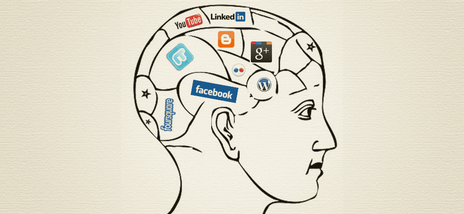 Gehirn, das voll ist mit verschiedenen sozialen Netzwerken