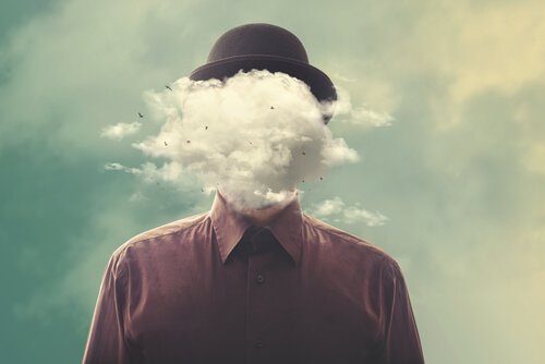 Mann mit Wolke als Kopf als Symbol dafür, den Geist von allem trennen zu müssen
