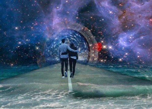 Paar spaziert durchs Universum