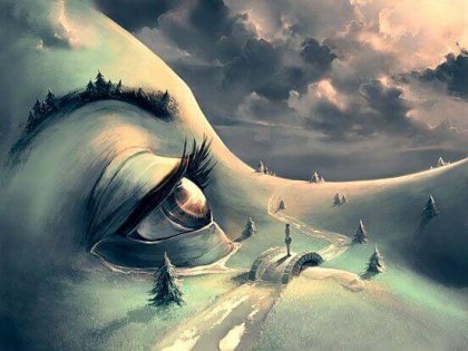 Surreales Bild zeigt Landschaft auf Gesicht