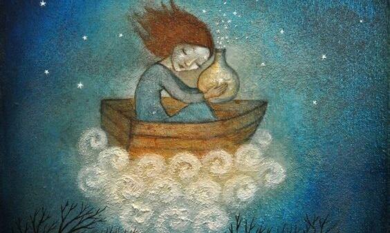 Mädchen allein in einem kleinen Boot