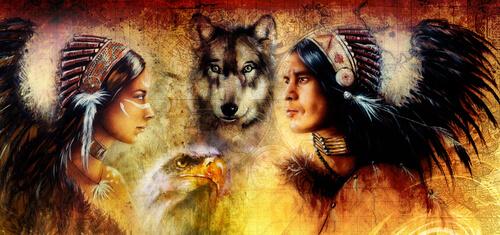 Amerikanische Ureinwohner mit einem Wolf