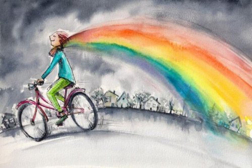 Mädchen mit Fahrrad und Regenbogen