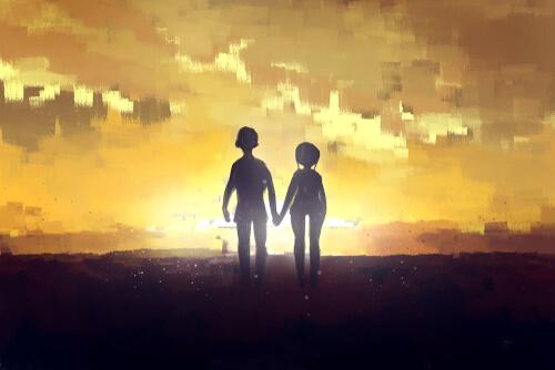 Zeichnung eines Paares, das Hand in Hand in den Sonnenaufgang geht