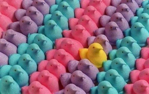 Perfekt geordnete bunte Enten, wobei eine gelbe Ente auffällt