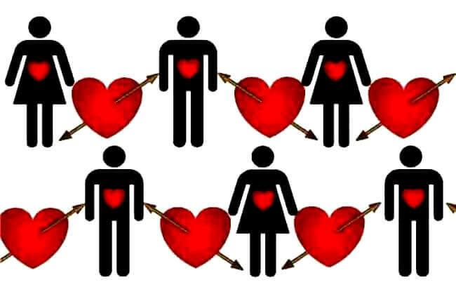 Viele rote Herzen mit mehreren Frauen und Männern