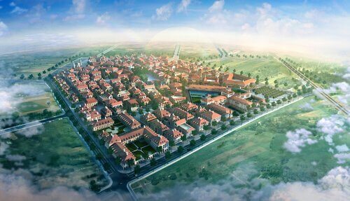 Kleinstadt von oben betrachtet