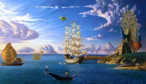 Ein Bild, das eine surreale Traumlandschaft mit einem Schiff und Pfau zeigt