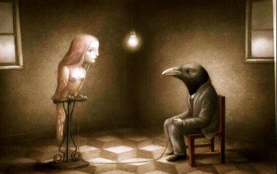 Ein zahmer Vogel mit Frauengesicht steht für den Galatea-Effekt.