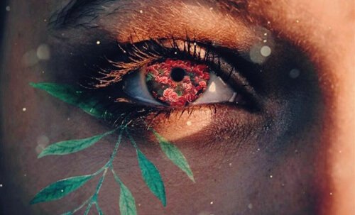 Auge mit Blumen als Symbol für kognitive Geduld