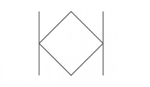Ein auf der Spitze stehendes Quadrat, welches an den Seiten in senkrechte Linien gefasst ist.