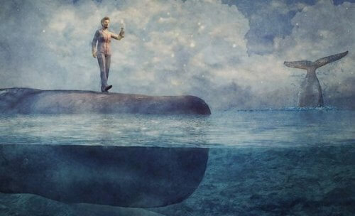 Ein surreales Bild, auf dem ein Mann auf einem Wal im Meer balanciert