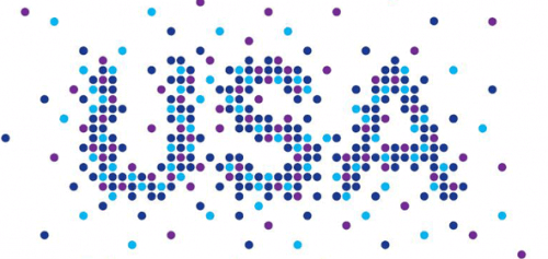 Verschiedenfarbige Punkte ergeben zusammen den Schriftzug USA.