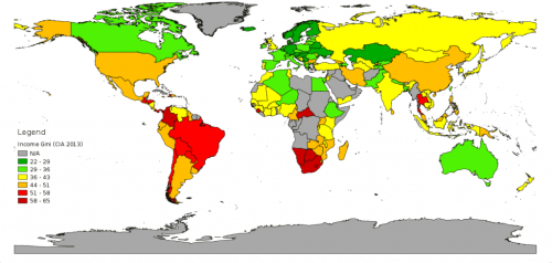 Gini-Koeffizient: Auf einer Weltkarte wird die wirtschaftliche Ungleichheit gezeigt. 