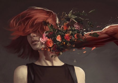 Ein Schlag mit einem Strauß Blumen ins Gesicht einer jungen rothaarigen Frau