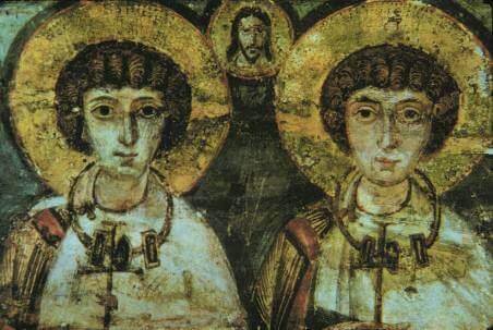 Ein mittelalterliches Bild, das zwei Heilige zeigt