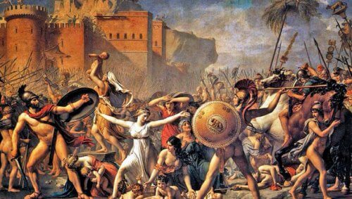 Ein Gemälde von Soldaten, die Frauen angreifen.