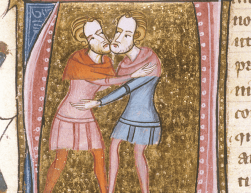 Ein Bild aus einem mittelalterlichen Dokument, das zeigt, wie sich zwei Männer umarmen