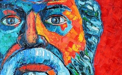 Ein Gemälde, das das Gesicht von Sokrates zeigt