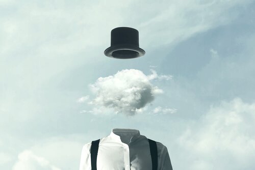 Ein surrealistisches Bild, das eine Wolke als Kopf zeigt