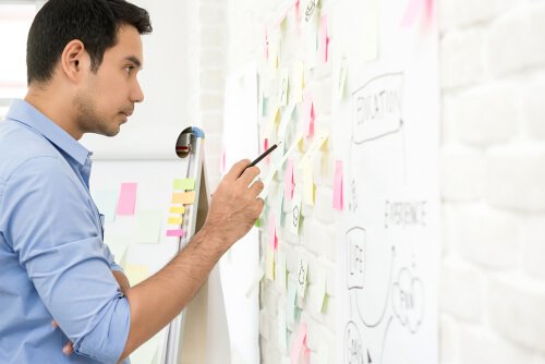 Ein Mann betrachtet Notizen auf einem Board.