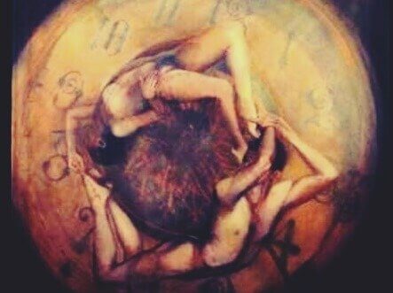 Zeichnung eines Ziffernblatt, dass zwei menschliche Körper ineinander verschlungen zeigt