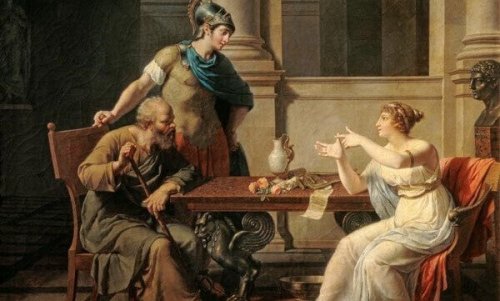 Sokrates und Xanthippe auf einem Gemälde