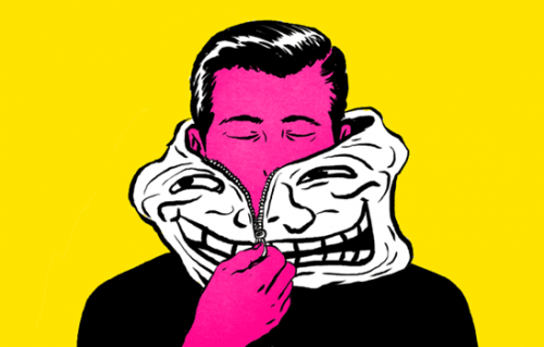 Mann setzt sich eine Maske auf und wird zum Troll