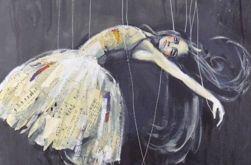 Eine Frau, die von Fäden gehalten wird, wie eine Marionette