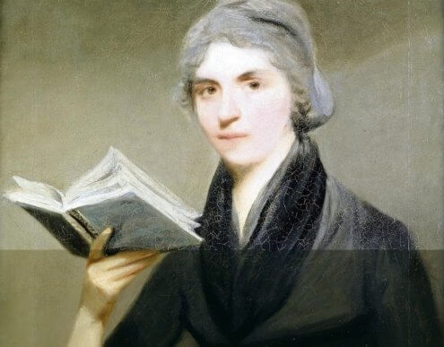 Ein Porträt, das Mary Wollstonecraft mit einem Buch in ihrer Hand zeigt.