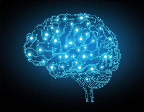 Ein Gehirn leuchtete mit blauen Lichtern auf.