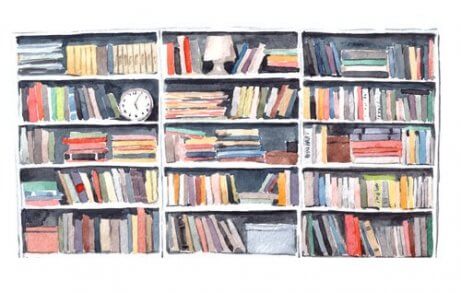Eine Skizze eines Bücherregals.