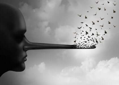 Ein Mann mit einer langen Nase, die sich in Vögel verwandelt.