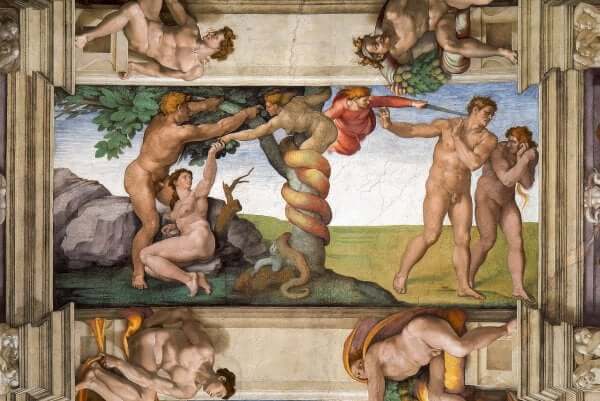 Paradiesdarstellung auf einem Deckenfresko Michelangelos.