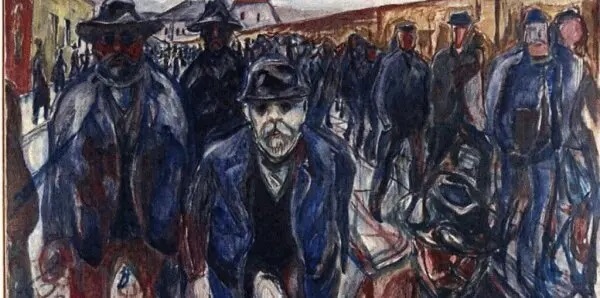 Gemälde von Edvard Munch mit dem Titel "Arbeiter auf dem Heimweg".