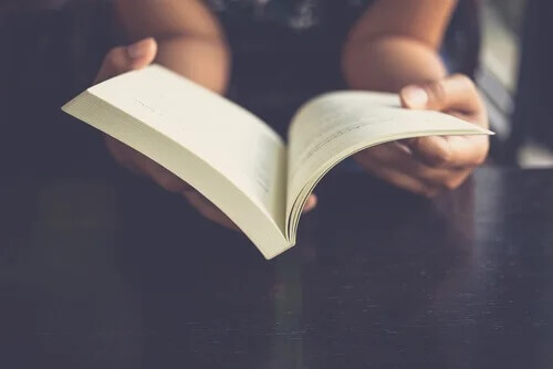Eine Frau liest das Buch von Louisa May Alcott.
